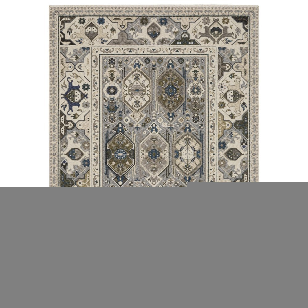 8' X 11' Ivory And Blue Oriental Area Rug With Fringe