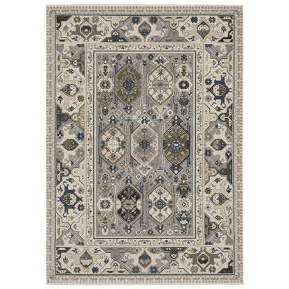 8' X 11' Ivory And Blue Oriental Area Rug With Fringe
