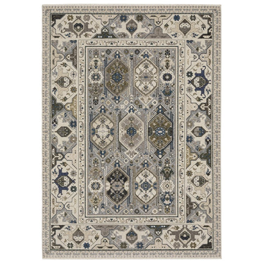 8' X 11' Ivory And Blue Oriental Area Rug With Fringe