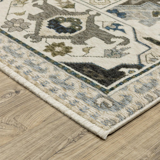 8' X 11' Ivory And Blue Oriental Area Rug With Fringe