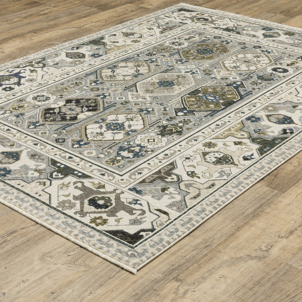 8' X 11' Ivory And Blue Oriental Area Rug With Fringe