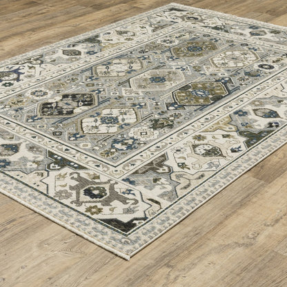 8' X 11' Ivory And Blue Oriental Area Rug With Fringe