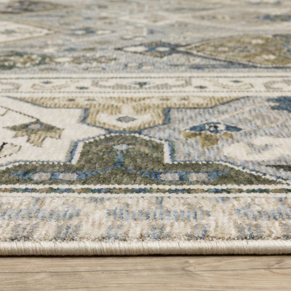 8' X 11' Ivory And Blue Oriental Area Rug With Fringe