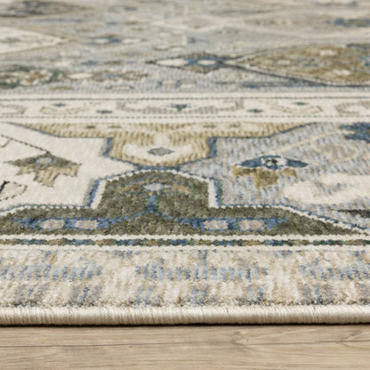 8' X 11' Ivory And Blue Oriental Area Rug With Fringe