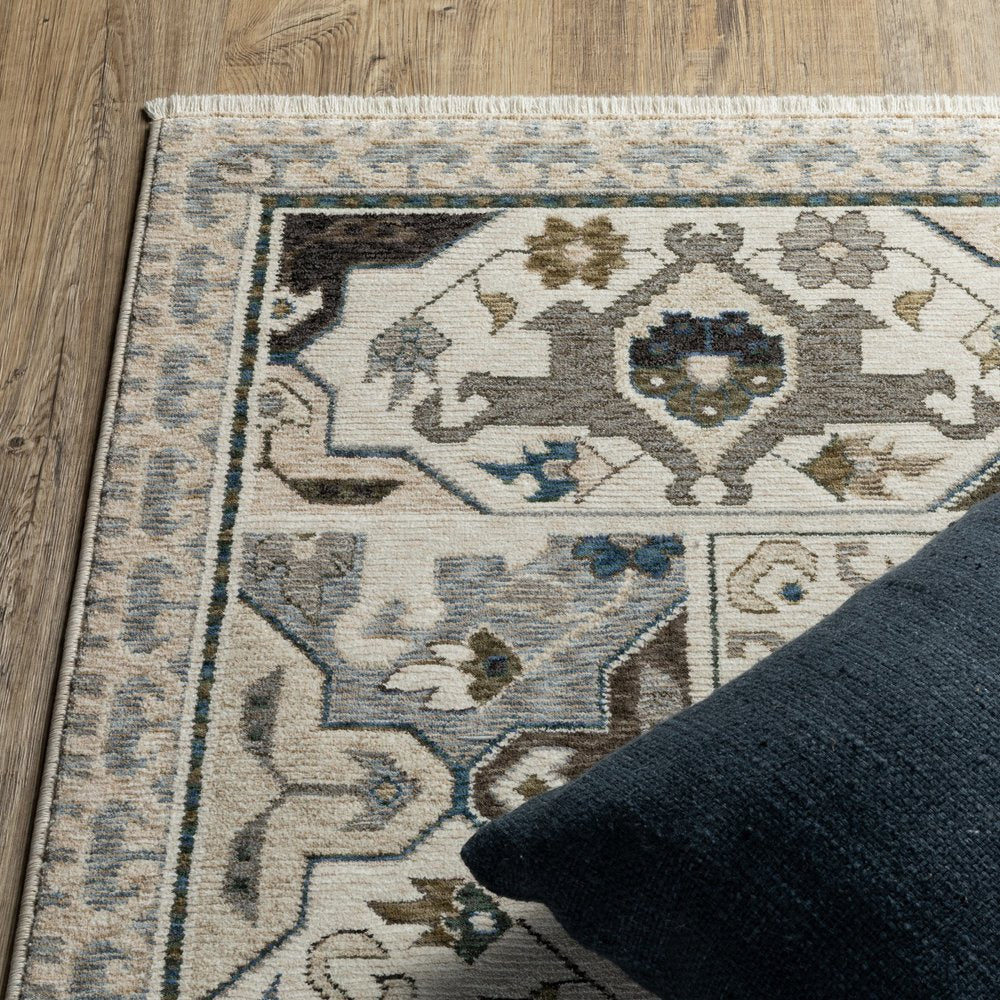 8' X 11' Ivory And Blue Oriental Area Rug With Fringe