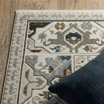 8' X 11' Ivory And Blue Oriental Area Rug With Fringe