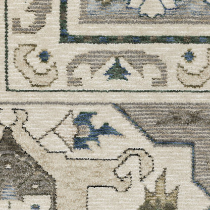 8' X 11' Ivory And Blue Oriental Area Rug With Fringe