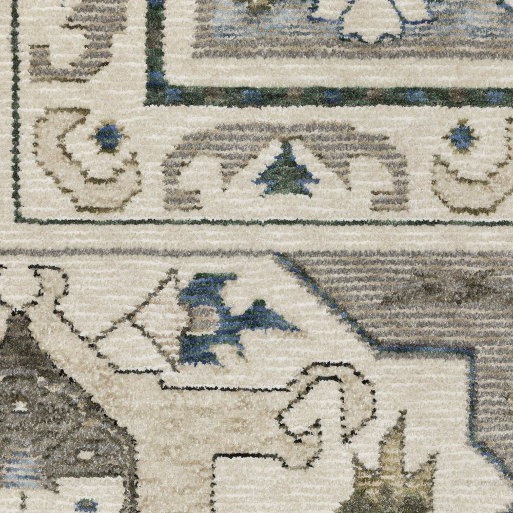 8' X 11' Ivory And Blue Oriental Area Rug With Fringe