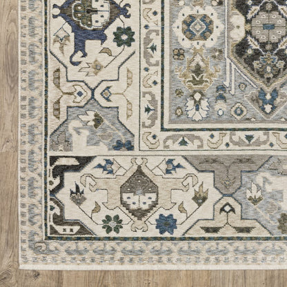 8' X 11' Ivory And Blue Oriental Area Rug With Fringe