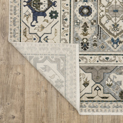 8' X 11' Ivory And Blue Oriental Area Rug With Fringe