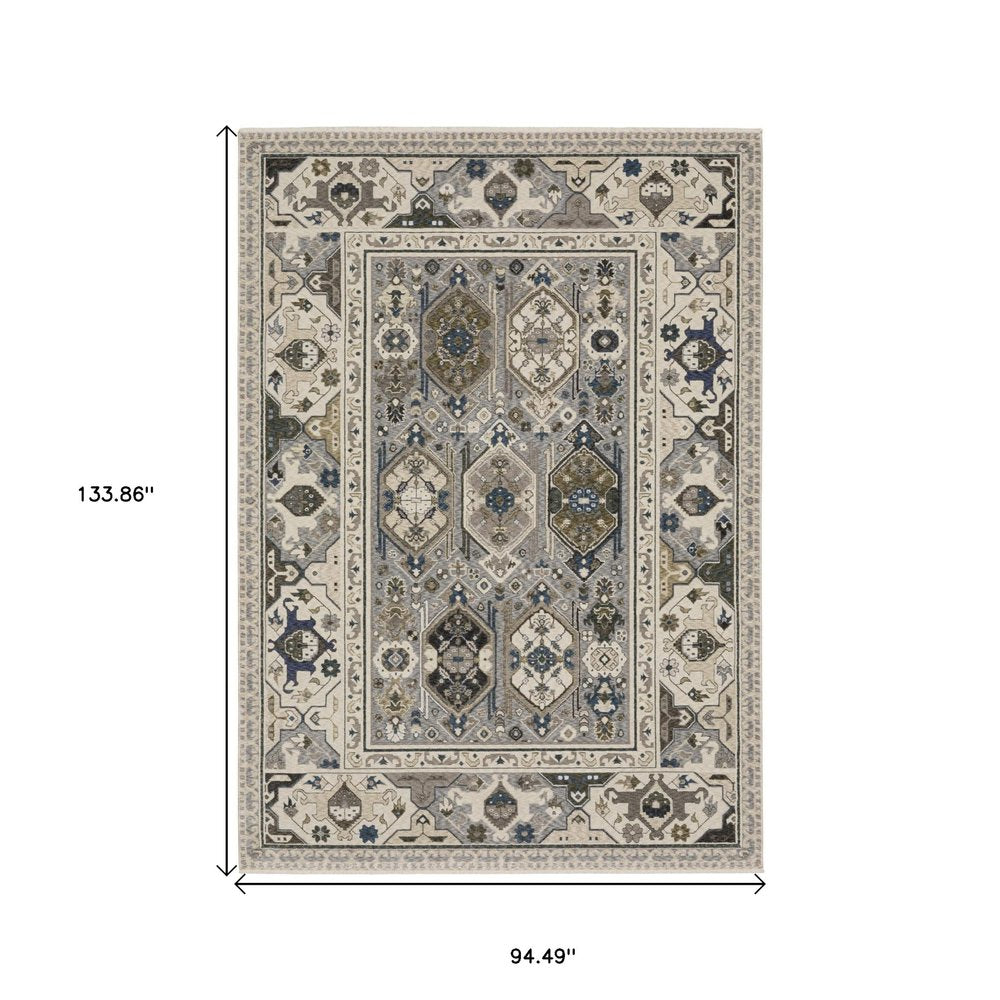 8' X 11' Ivory And Blue Oriental Area Rug With Fringe