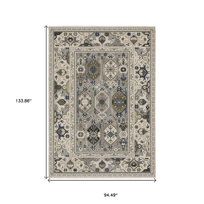 8' X 11' Ivory And Blue Oriental Area Rug With Fringe