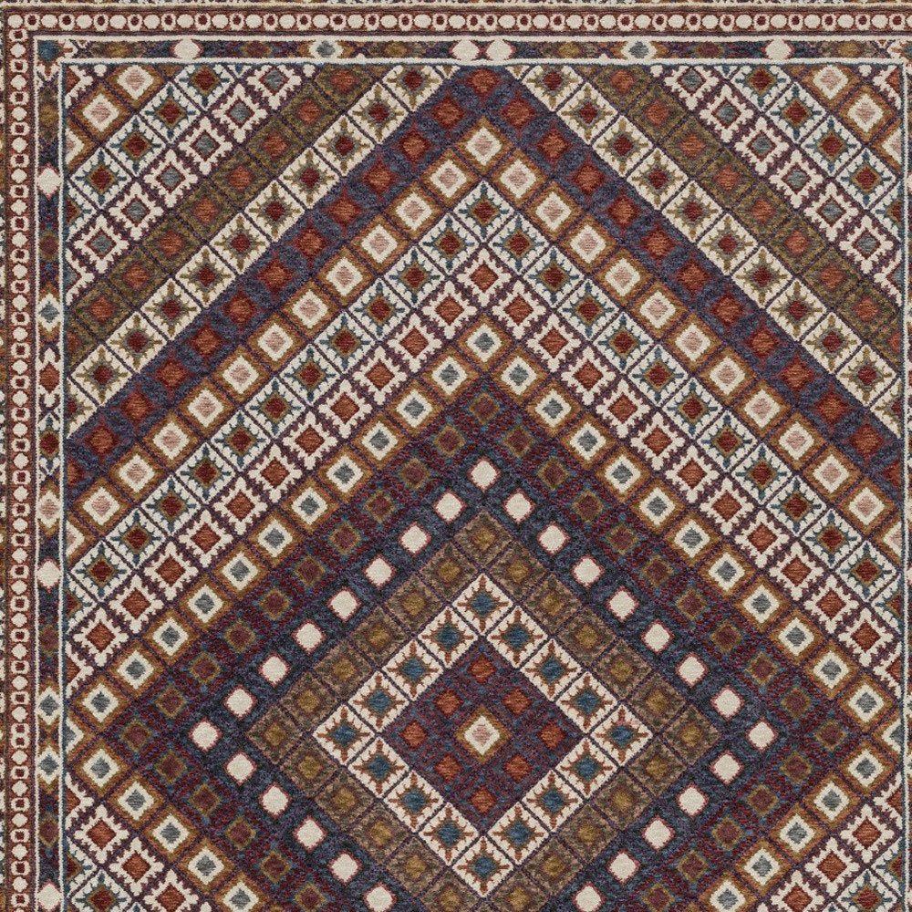8' X 11' Ivory Red And Tan Diamond Area Rug With Fringe