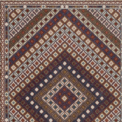 8' X 11' Ivory Red And Tan Diamond Area Rug With Fringe