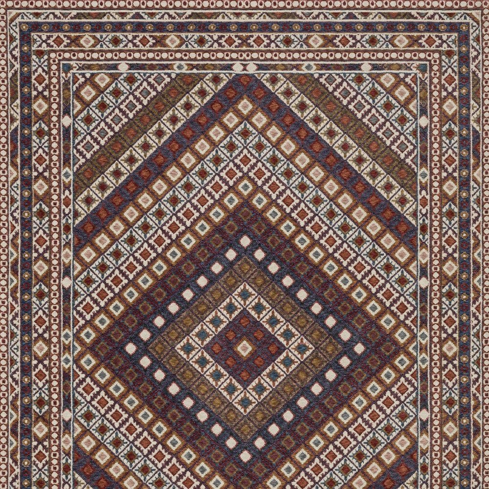 8' X 11' Ivory Red And Tan Diamond Area Rug With Fringe