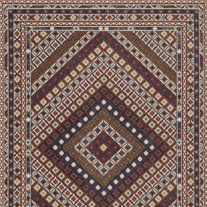 8' X 11' Ivory Red And Tan Diamond Area Rug With Fringe