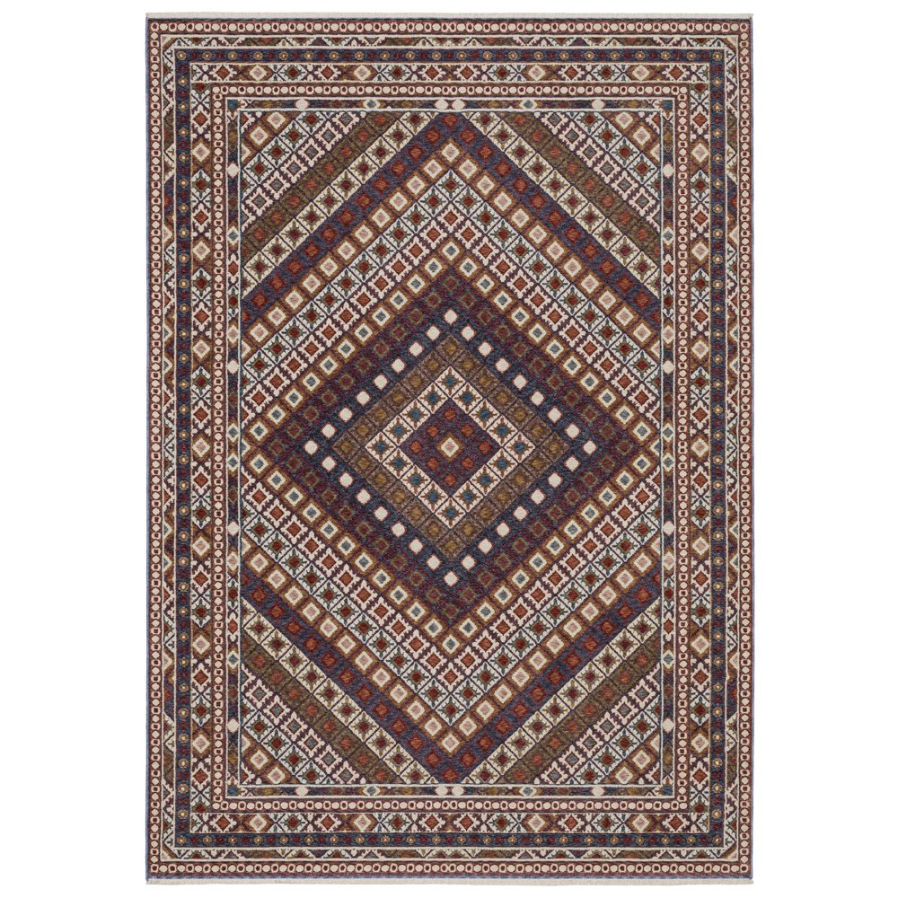 8' X 11' Ivory Red And Tan Diamond Area Rug With Fringe