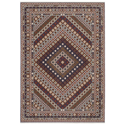 8' X 11' Ivory Red And Tan Diamond Area Rug With Fringe