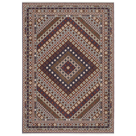 8' X 11' Ivory Red And Tan Diamond Area Rug With Fringe