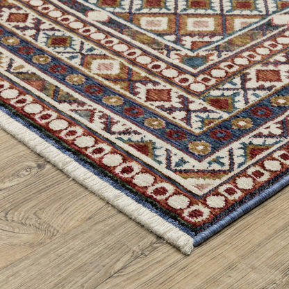 8' X 11' Ivory Red And Tan Diamond Area Rug With Fringe