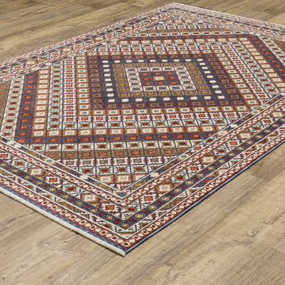 8' X 11' Ivory Red And Tan Diamond Area Rug With Fringe