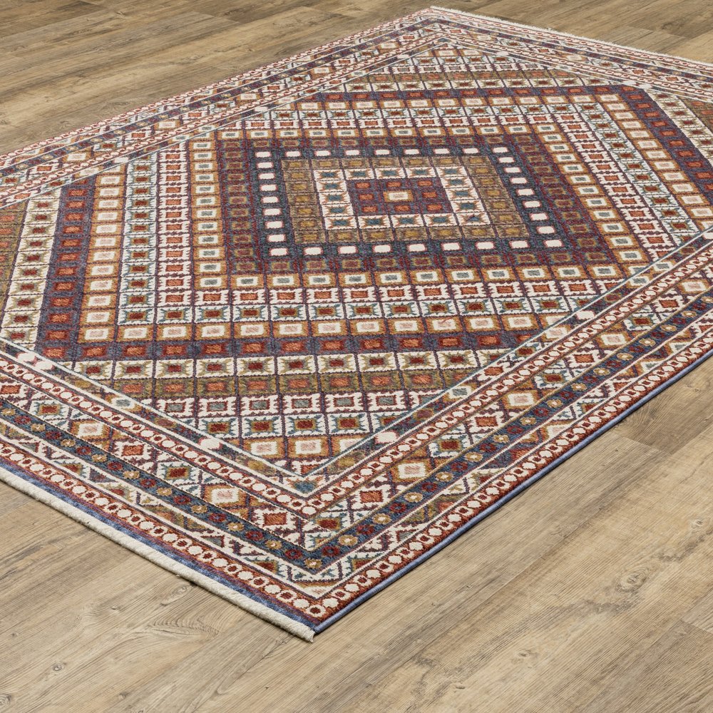 8' X 11' Ivory Red And Tan Diamond Area Rug With Fringe