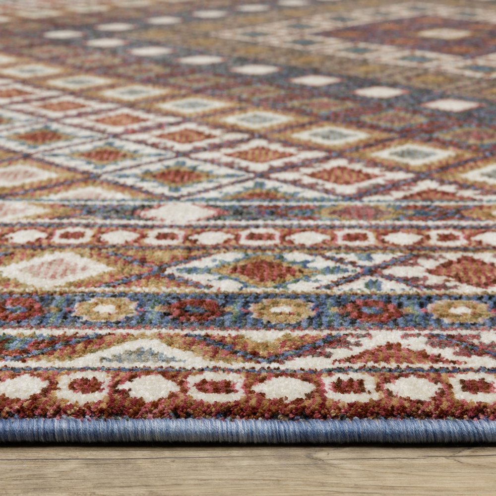 8' X 11' Ivory Red And Tan Diamond Area Rug With Fringe