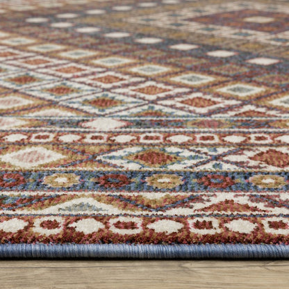 8' X 11' Ivory Red And Tan Diamond Area Rug With Fringe