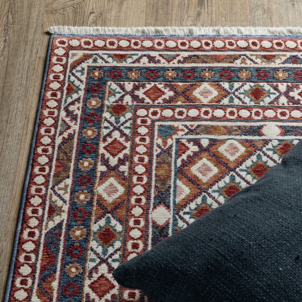 8' X 11' Ivory Red And Tan Diamond Area Rug With Fringe