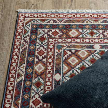 8' X 11' Ivory Red And Tan Diamond Area Rug With Fringe