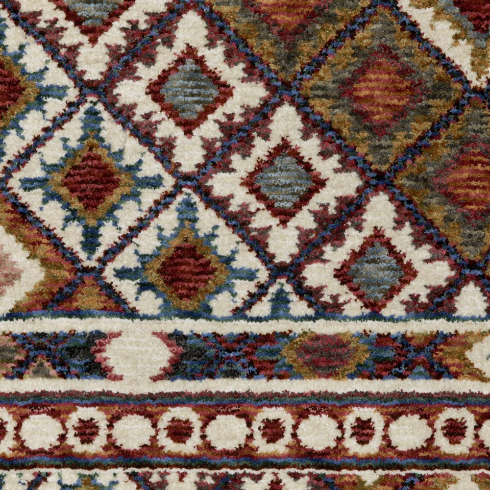 8' X 11' Ivory Red And Tan Diamond Area Rug With Fringe