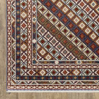 8' X 11' Ivory Red And Tan Diamond Area Rug With Fringe