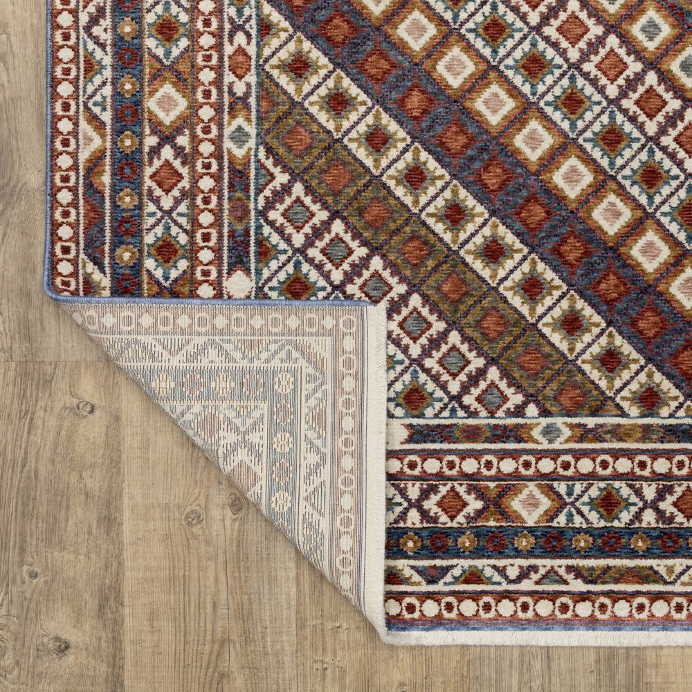 8' X 11' Ivory Red And Tan Diamond Area Rug With Fringe