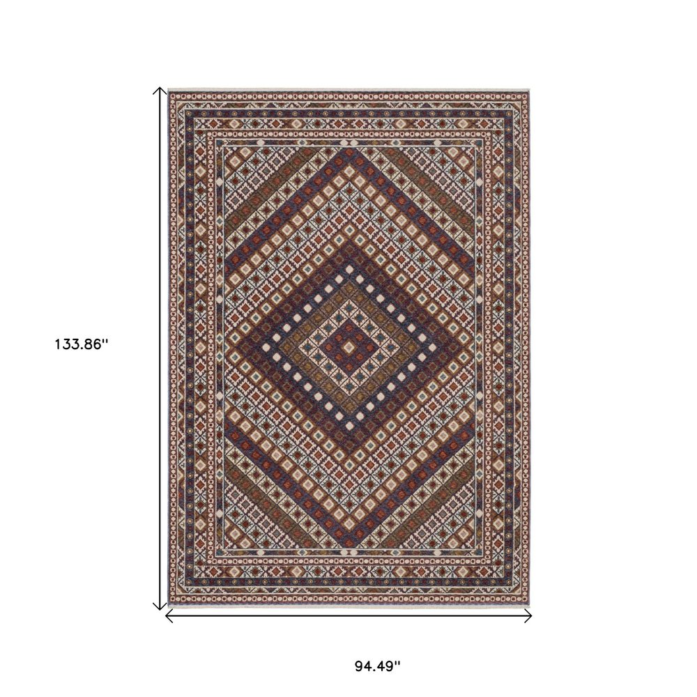 8' X 11' Ivory Red And Tan Diamond Area Rug With Fringe
