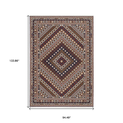 8' X 11' Ivory Red And Tan Diamond Area Rug With Fringe