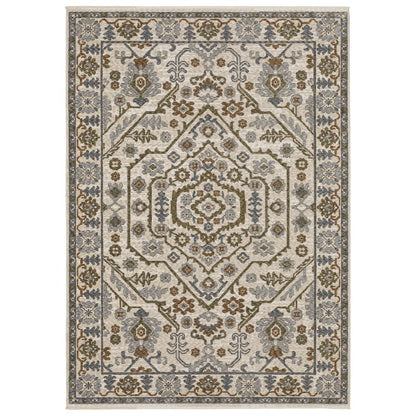 8' X 11' Ivory And Rust Floral Area Rug With Fringe