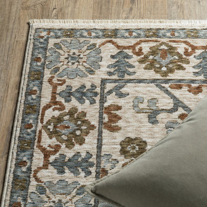 8' X 11' Ivory And Rust Floral Area Rug With Fringe