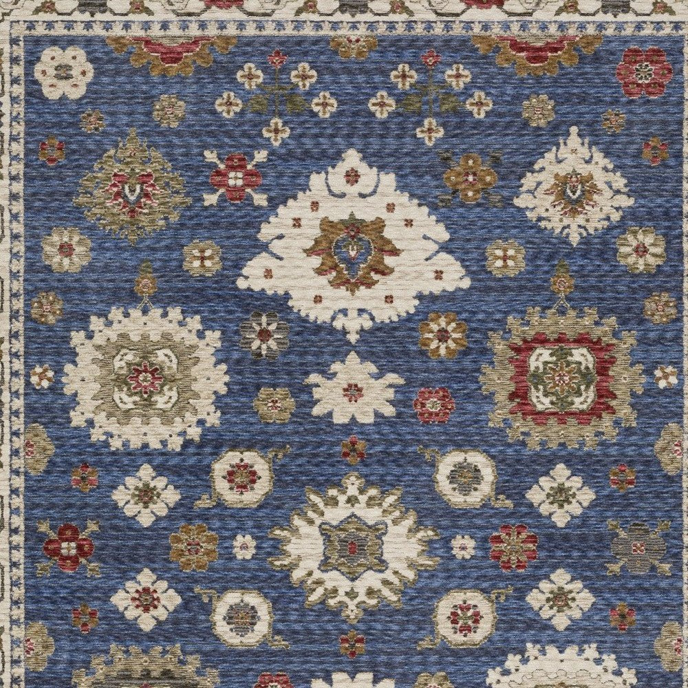 8' X 11' Blue And Ivory Floral Area Rug With Fringe