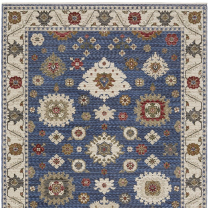 8' X 11' Blue And Ivory Floral Area Rug With Fringe