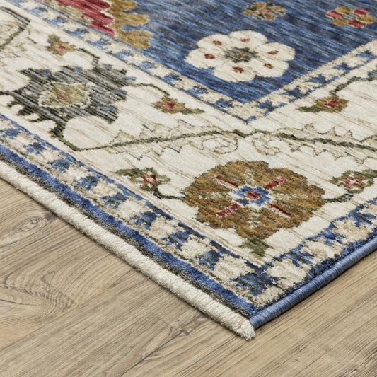 8' X 11' Blue And Ivory Floral Area Rug With Fringe