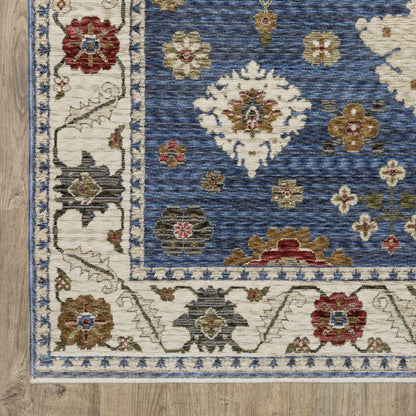 8' X 11' Blue And Ivory Floral Area Rug With Fringe
