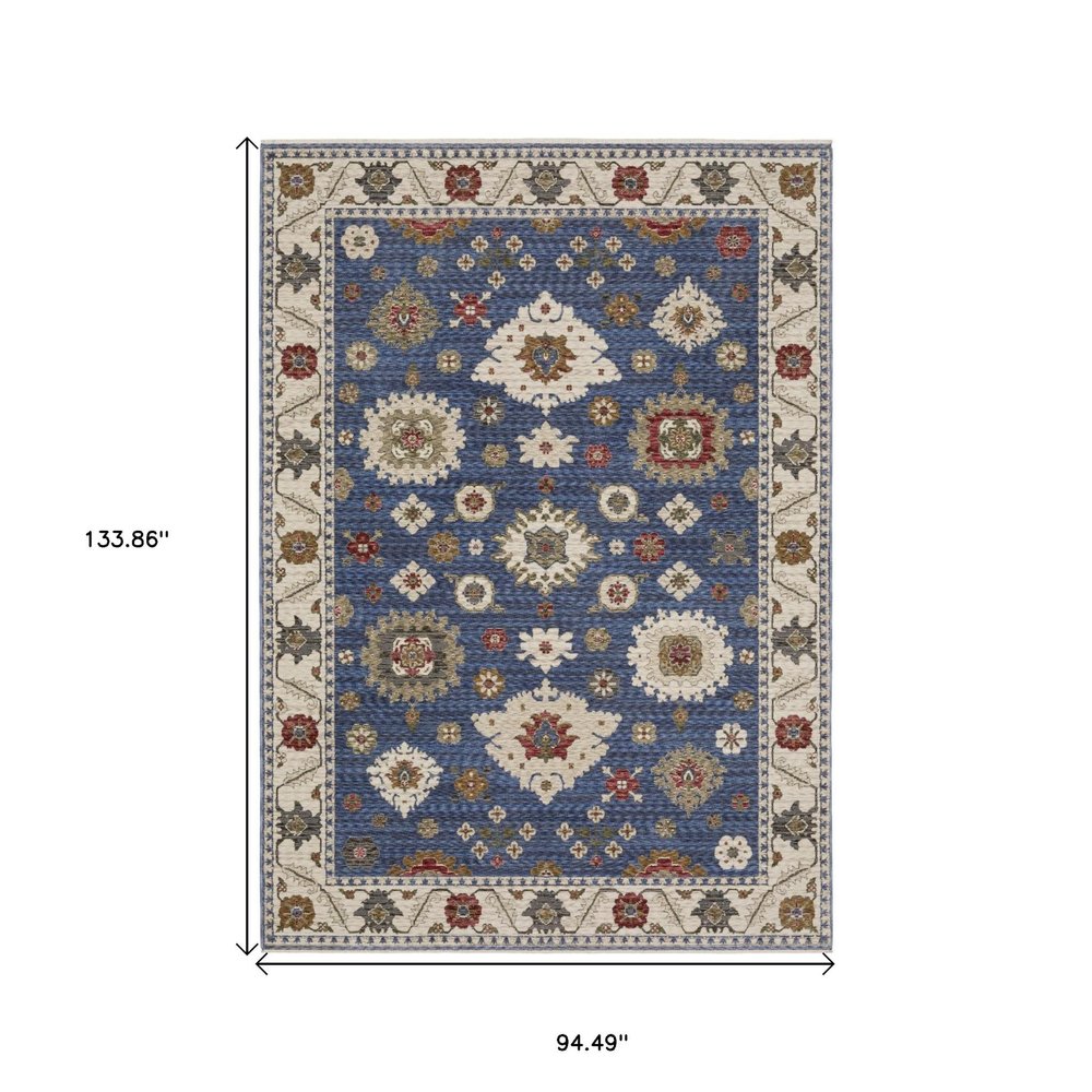 8' X 11' Blue And Ivory Floral Area Rug With Fringe