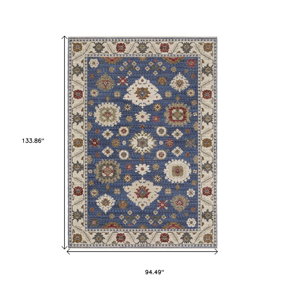 8' X 11' Blue And Ivory Floral Area Rug With Fringe