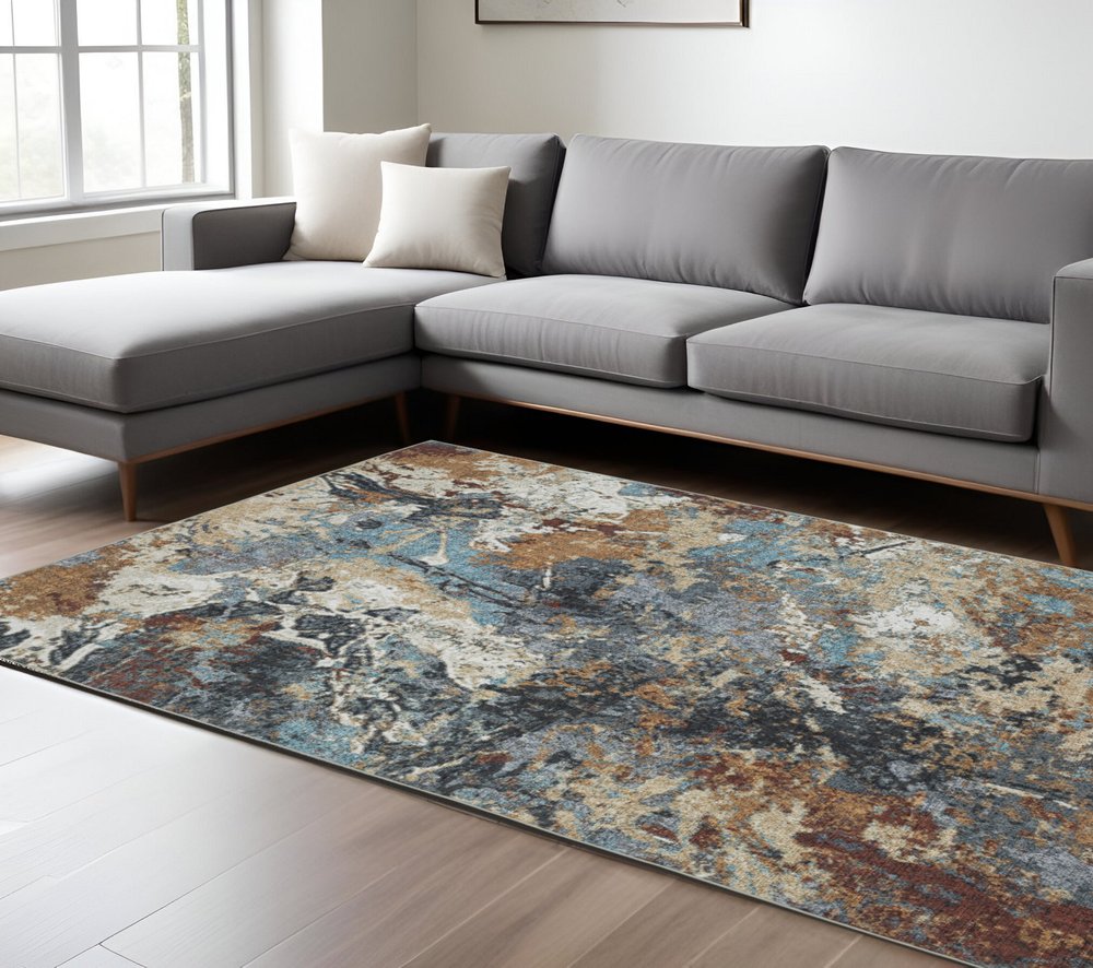 8' X 10' Blue And Rust Abstract Distressed Area Rug