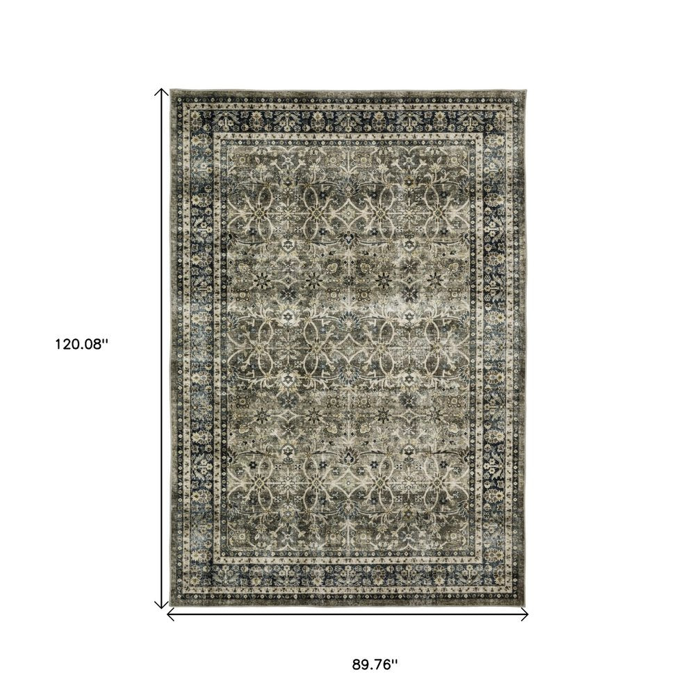 8' X 10' Charcoal And Blue Oriental Area Rug