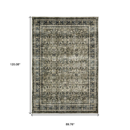 8' X 10' Charcoal And Blue Oriental Area Rug