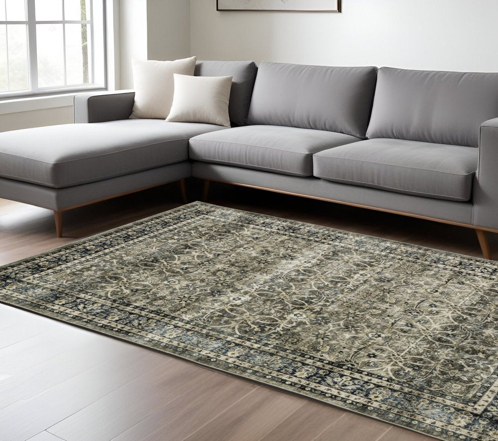 8' X 10' Charcoal And Blue Oriental Area Rug