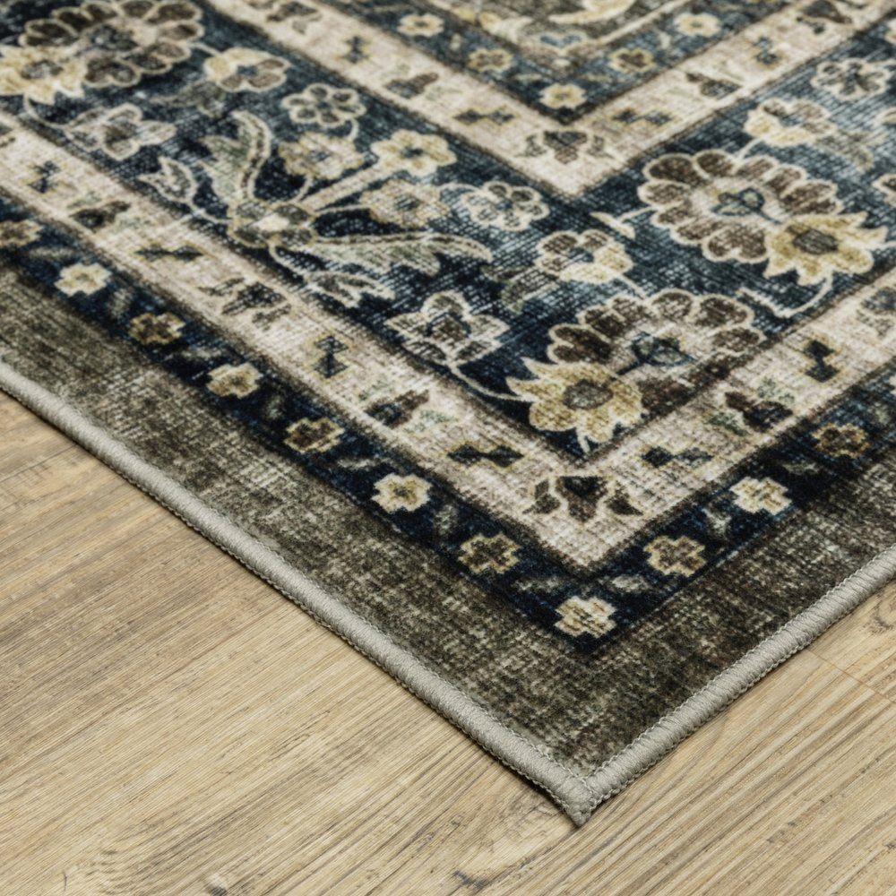 8' X 10' Charcoal And Blue Oriental Area Rug