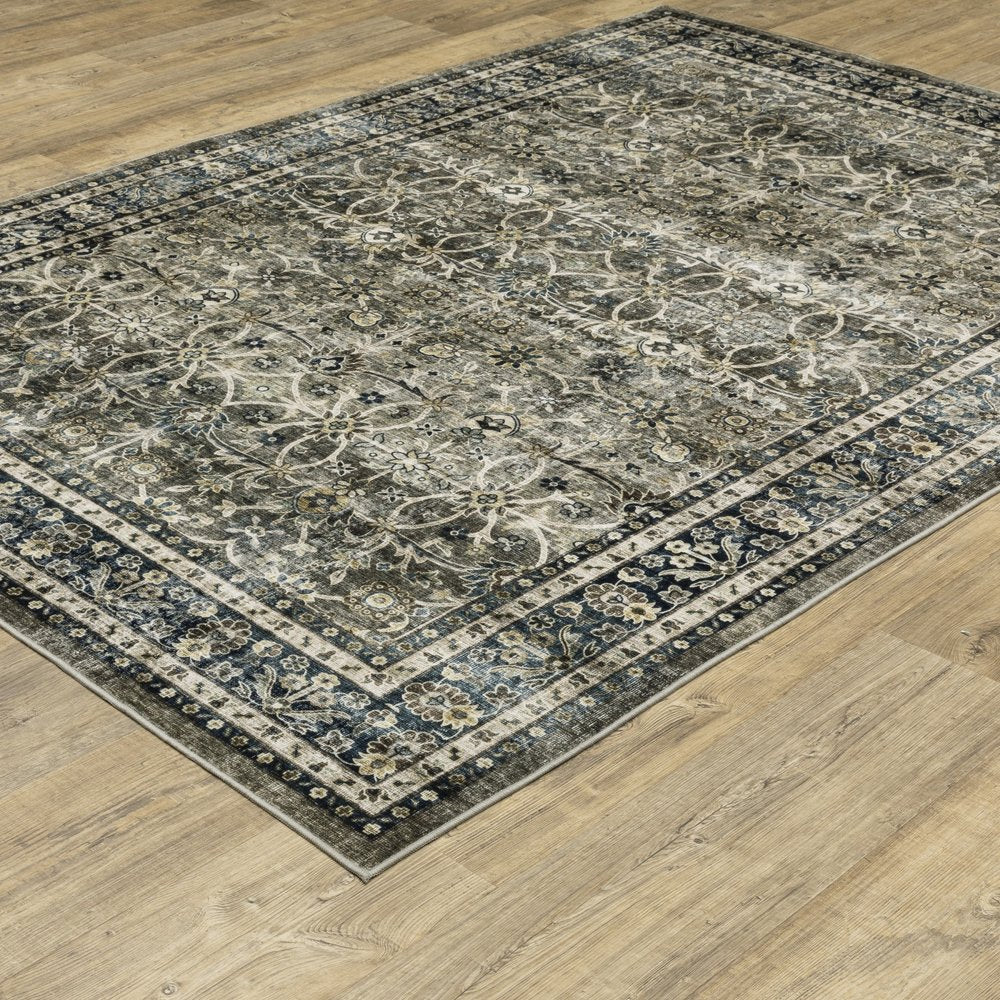8' X 10' Charcoal And Blue Oriental Area Rug