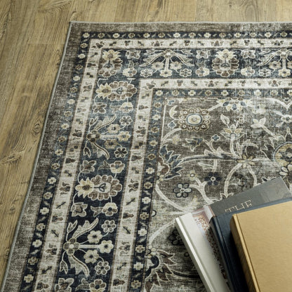 8' X 10' Charcoal And Blue Oriental Area Rug